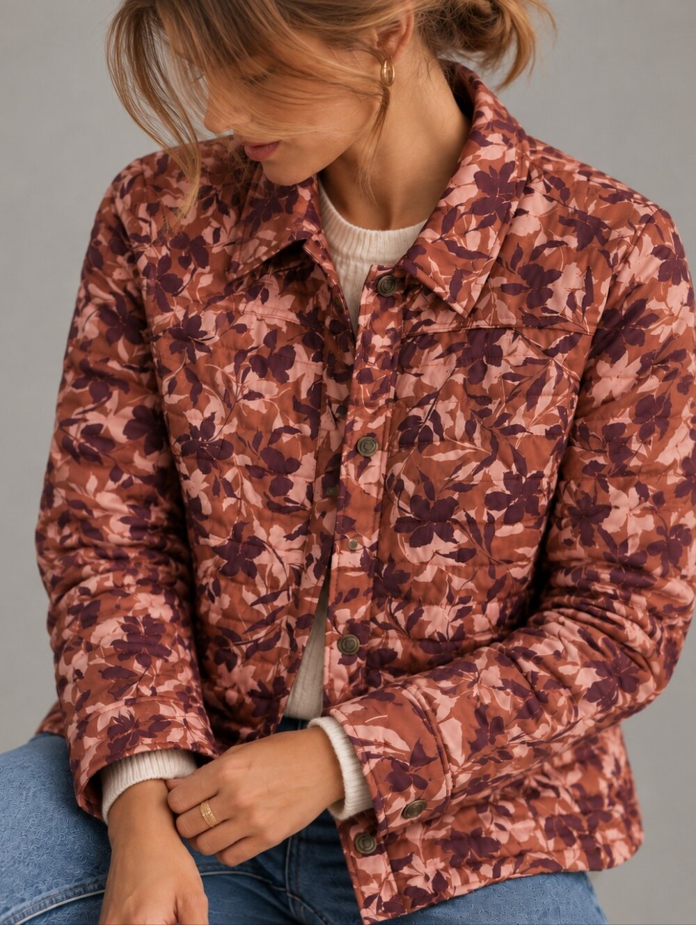 Obermeyer Willa Down Floral Quilted Shirt Jacket Heritage Collection Womens Med.